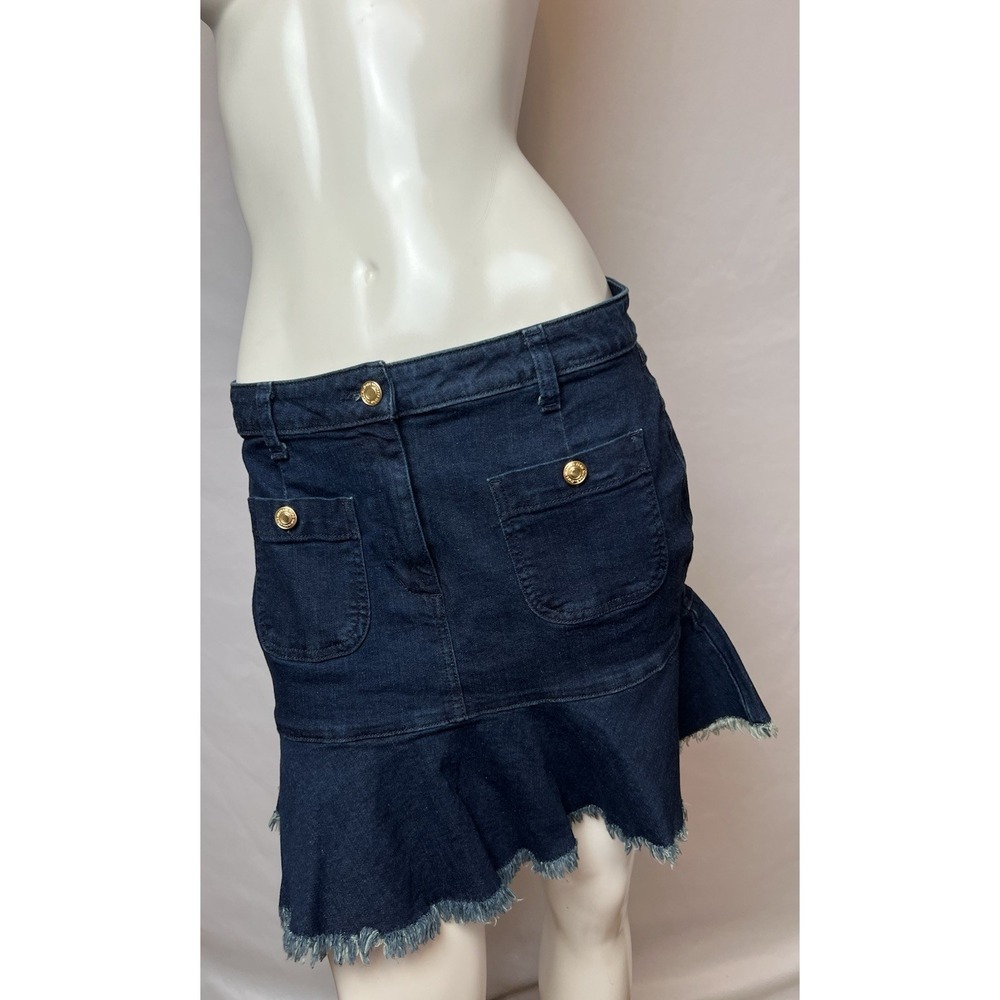 Michael Kors size 8 Dark Blue Denim Flounce Skirt with Ruffle Frayed‎ Hem